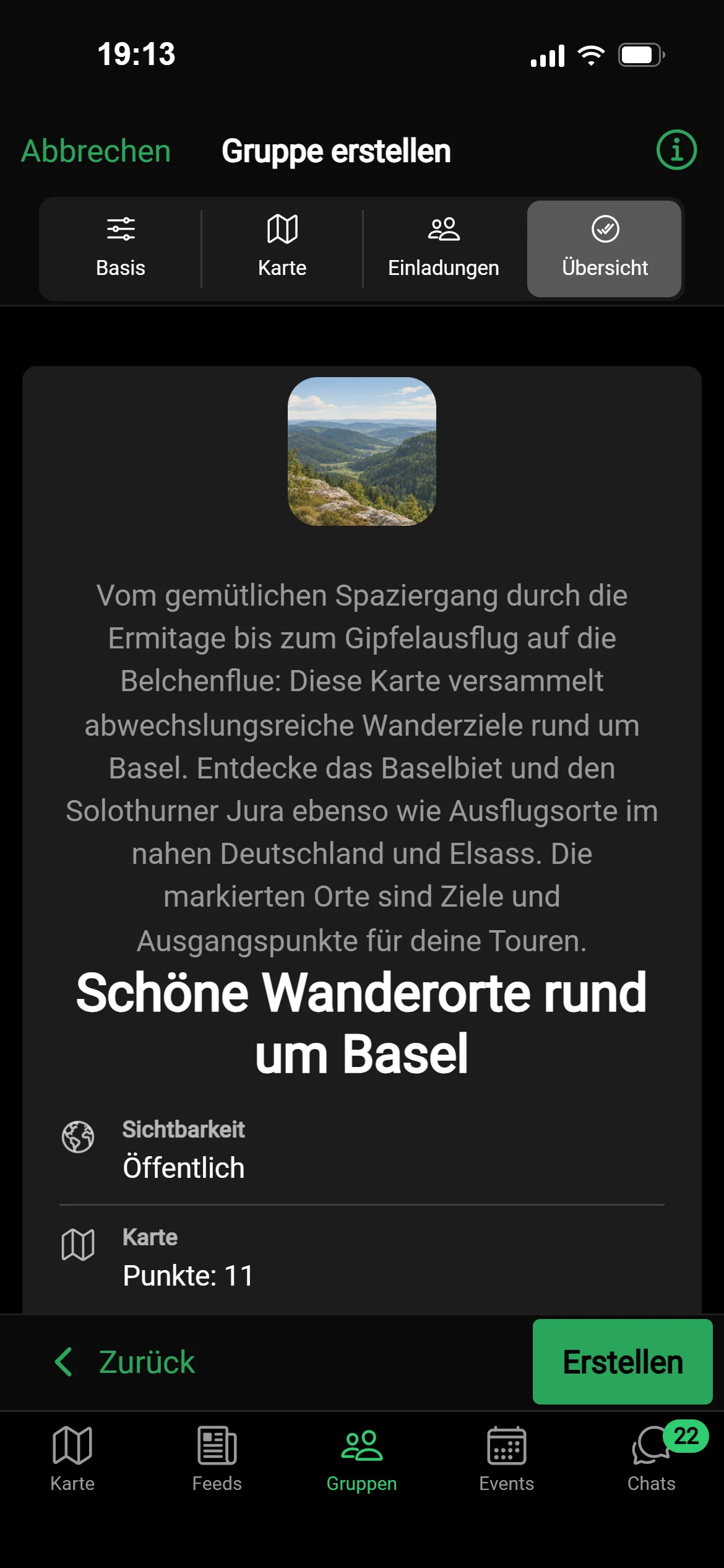 Ein KI-Entwurf für eine Gruppe in GeoQuestly: schöne Wanderorte rund um Basel, mit Bild, Beschreibung und Orten, bereit zum Erstellen
