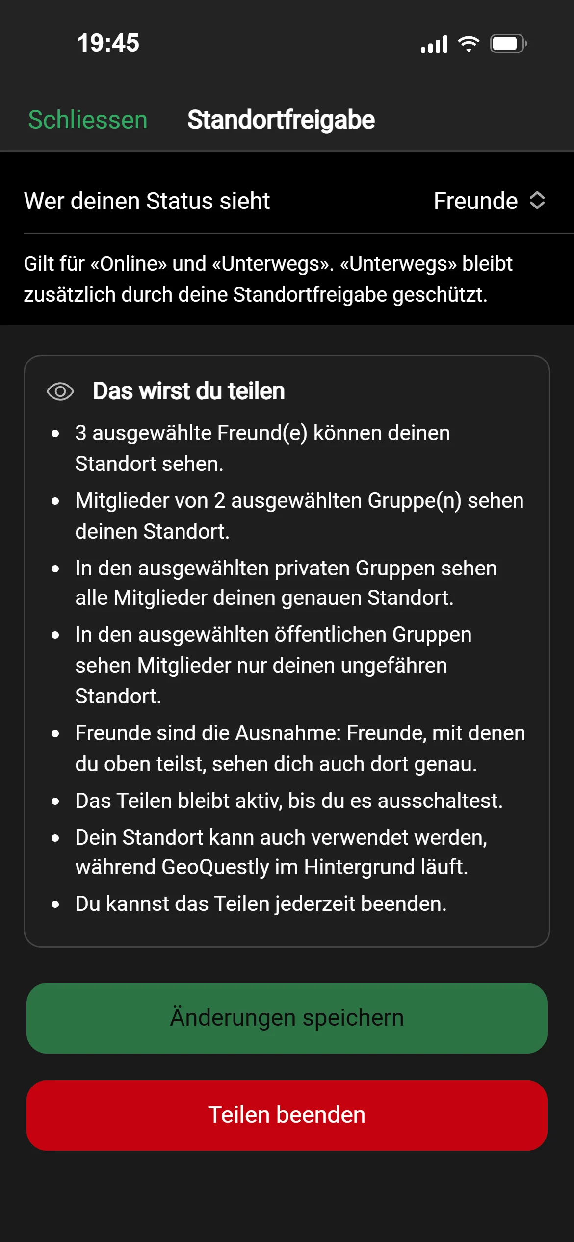 Die Standortfreigabe in GeoQuestly: drei ausgewählte Freunde und zwei Gruppen sehen deinen Standort, in öffentlichen Gruppen nur ungefähr, bis du das Teilen beendest