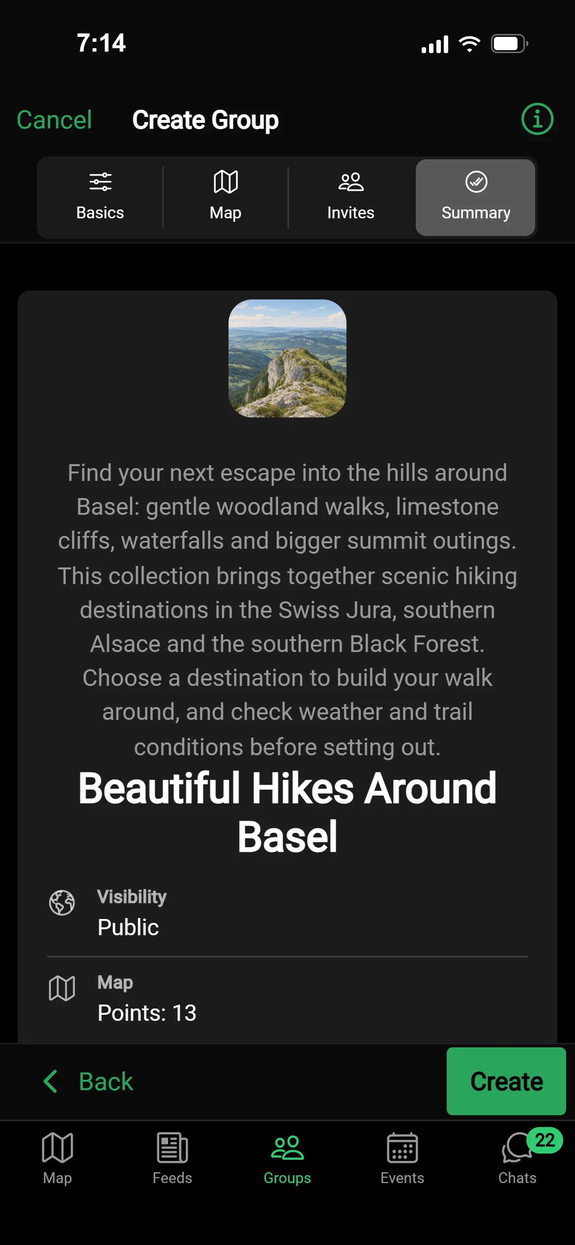An AI draft of a group in GeoQuestly: beautiful hiking spots around Basel, with picture, description and places, ready to create