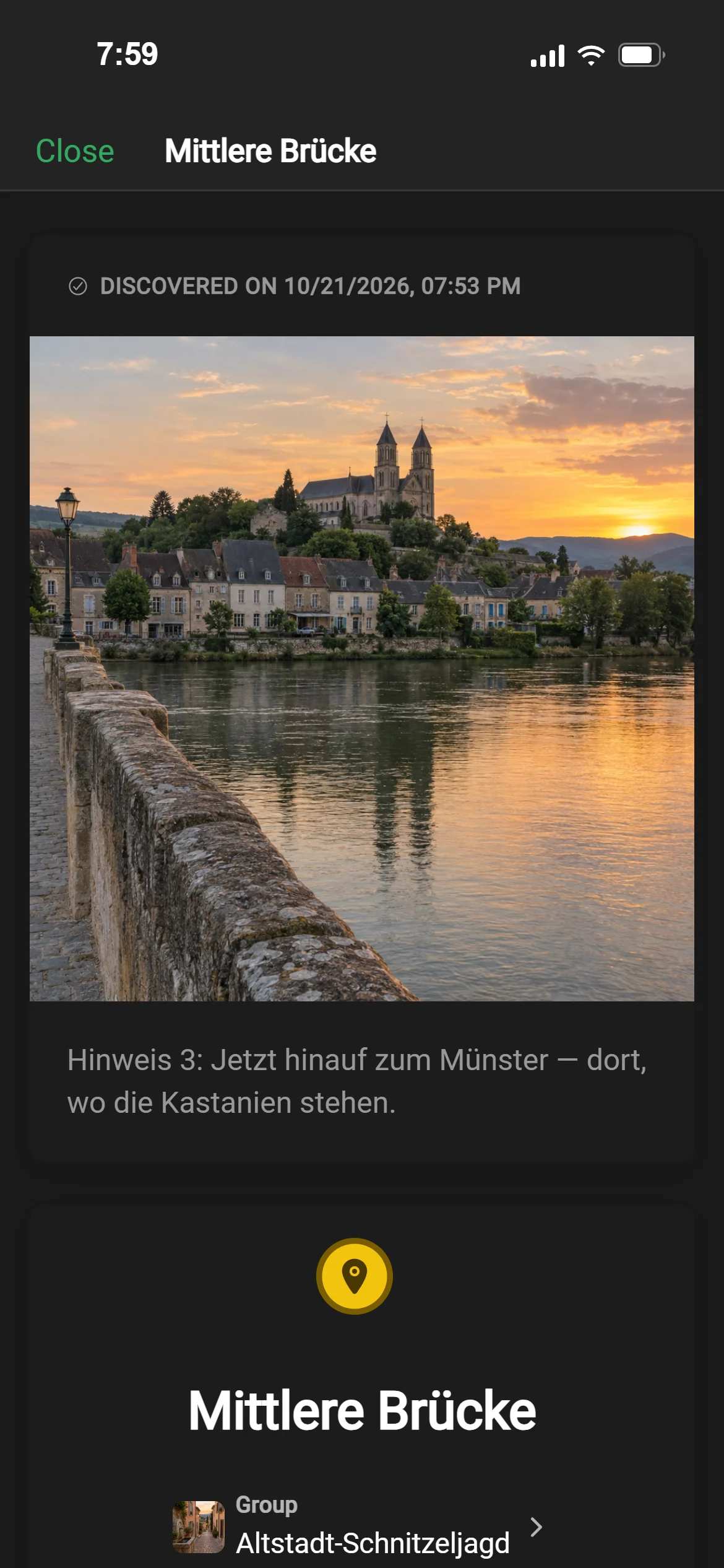 A hidden place in Basel’s old town, just found: the Mittlere Brücke, with the group’s picture and its next clue