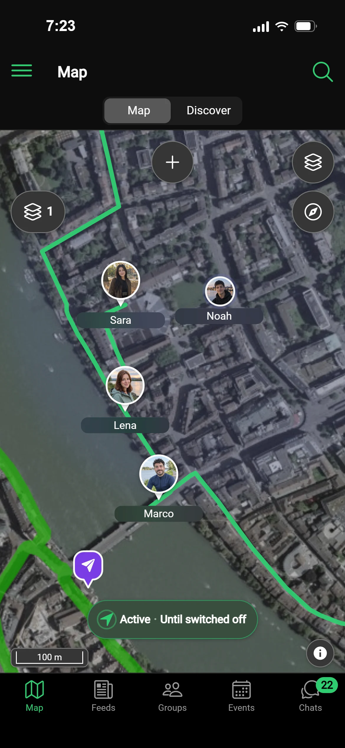 The GeoQuestly map on aerial imagery: official hiking trails, the group’s route, a post and people in one place
