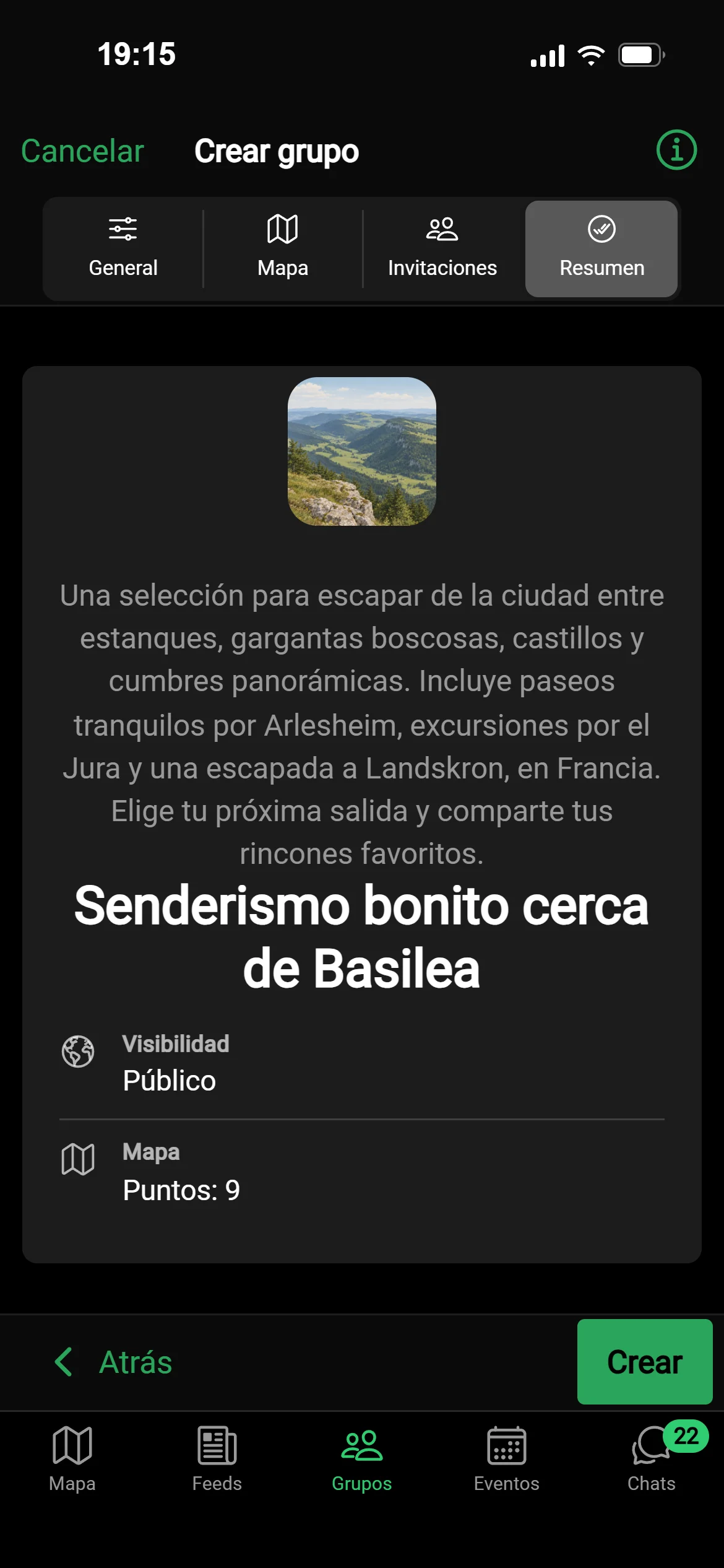 Un borrador de IA de un grupo en GeoQuestly: bonitos lugares de senderismo alrededor de Basilea, con imagen, descripción y lugares, listo para crear