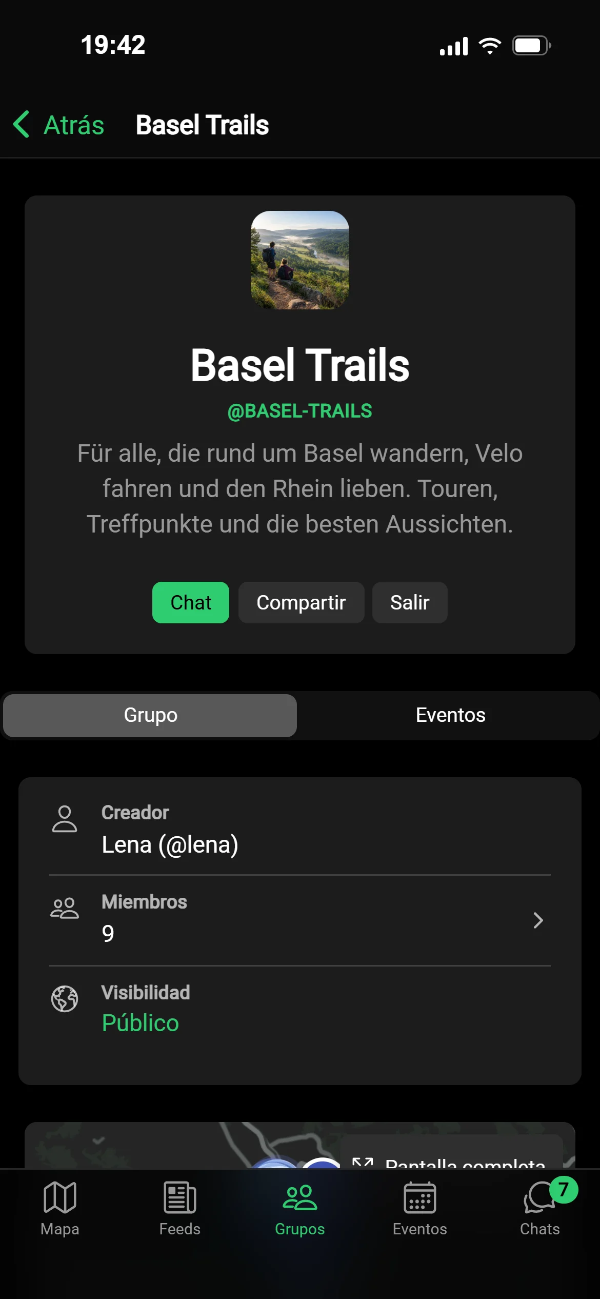 La página del grupo Basel Trails en GeoQuestly: imagen, descripción, chat, miembros y eventos