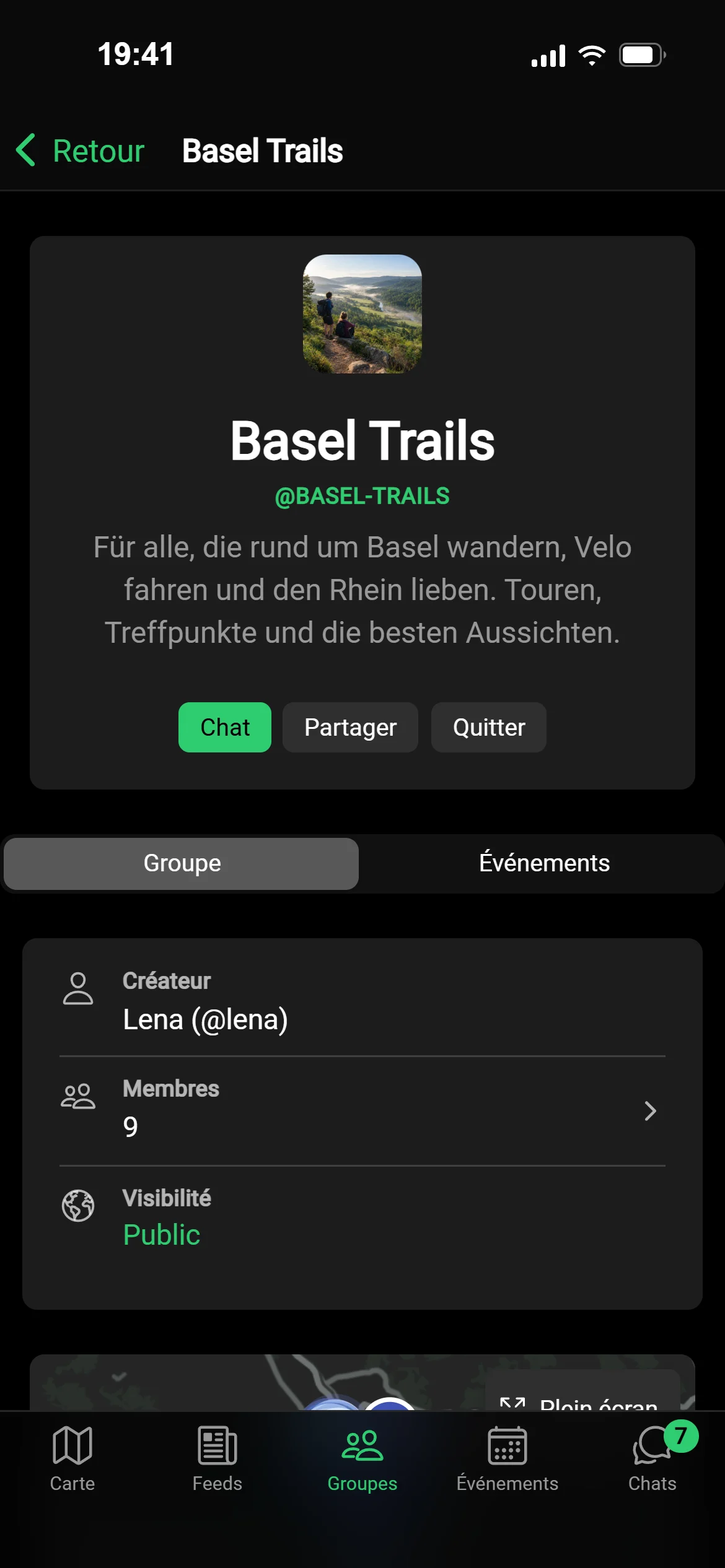 La page du groupe Basel Trails dans GeoQuestly : image, description, chat, membres et événements