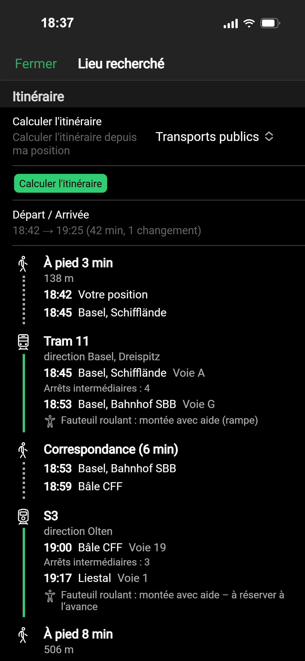 Un trajet en transports publics de Bâle à Liestal dans GeoQuestly : tram, train avec voie, une correspondance